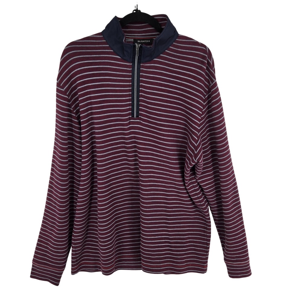 Bugatchi Quarter Zip Pullover‎ Mens XL Burgundy Gray Striped Mock Neck Cotton